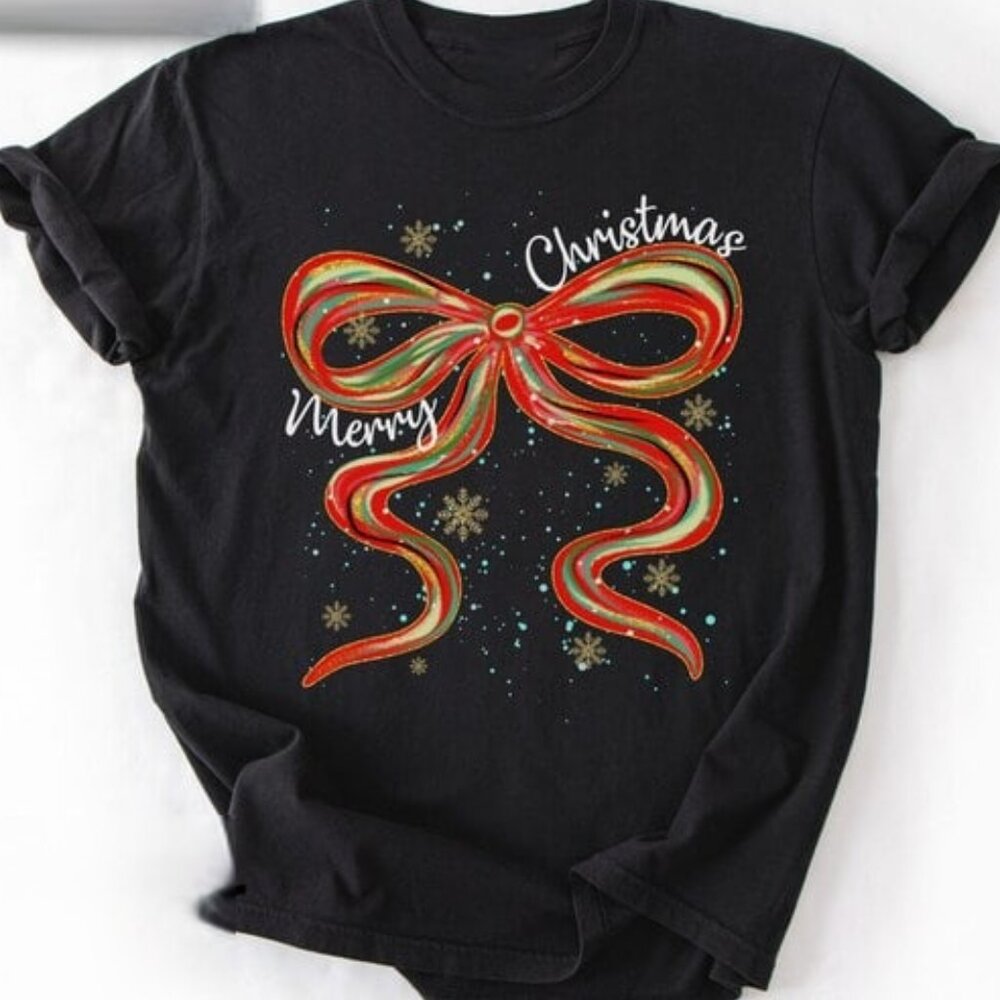 Christmas Bow Shirt, Graphic Christmas Shirt, Merry Christmas Shirt